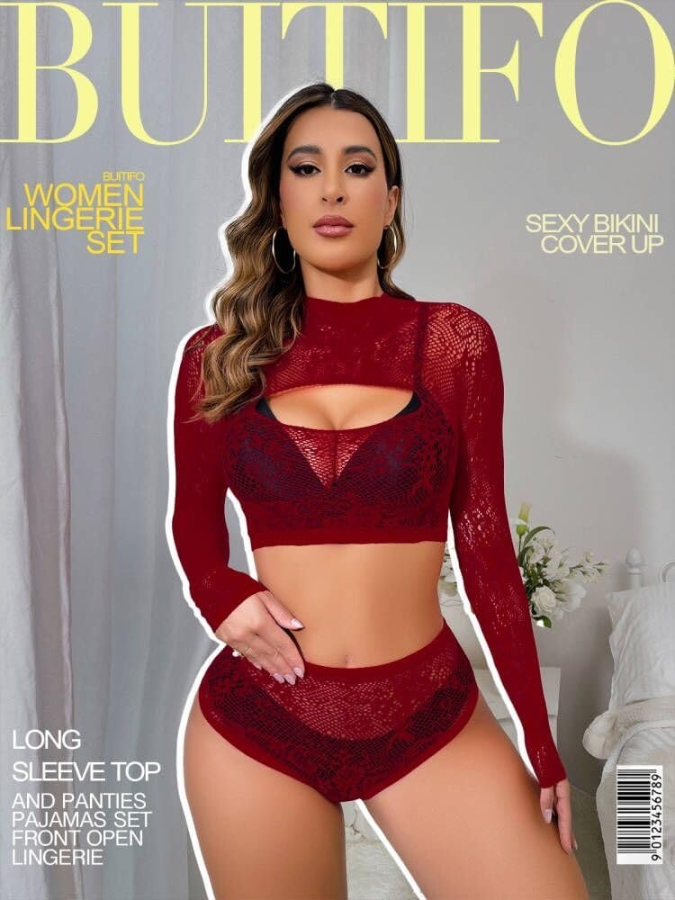 image:imageBuitifo Womens Lingerie Set Fishnet BabyDoll Bodysuit Sexy NightwearDarkred