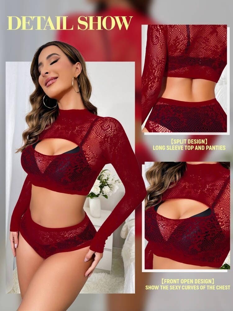 image:imageBuitifo Womens Lingerie Set Fishnet BabyDoll Bodysuit Sexy NightwearDarkred
