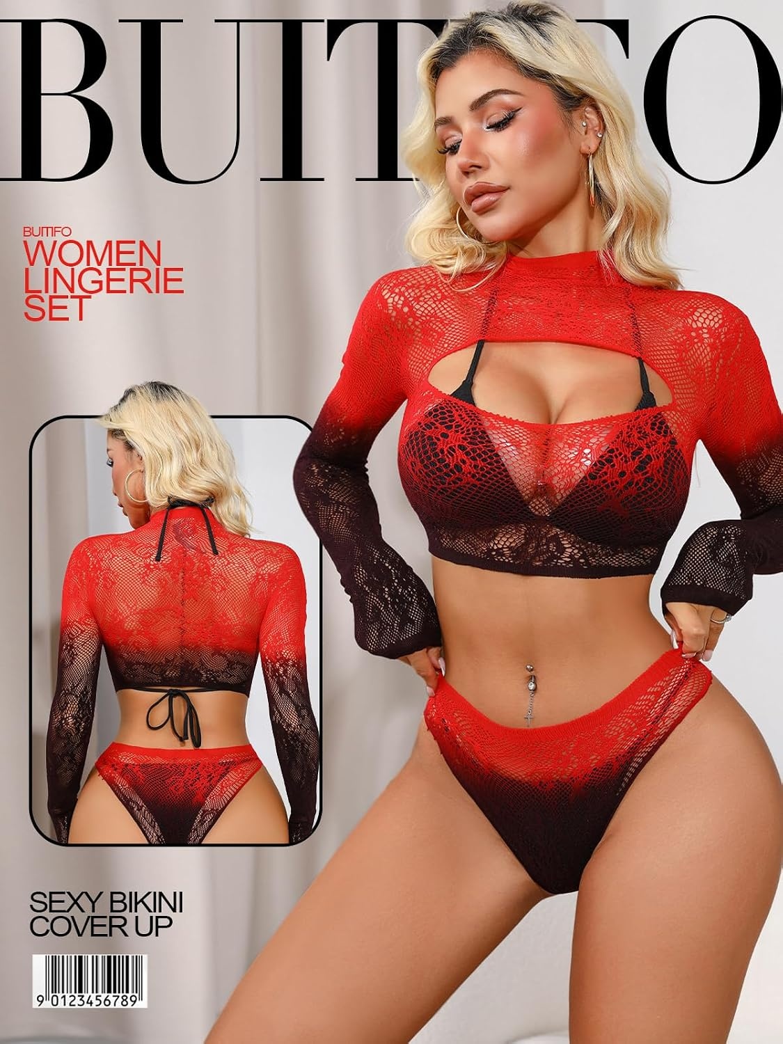 image:imageBuitifo Womens Lingerie Set Fishnet BabyDoll Bodysuit Sexy NightwearRedblack