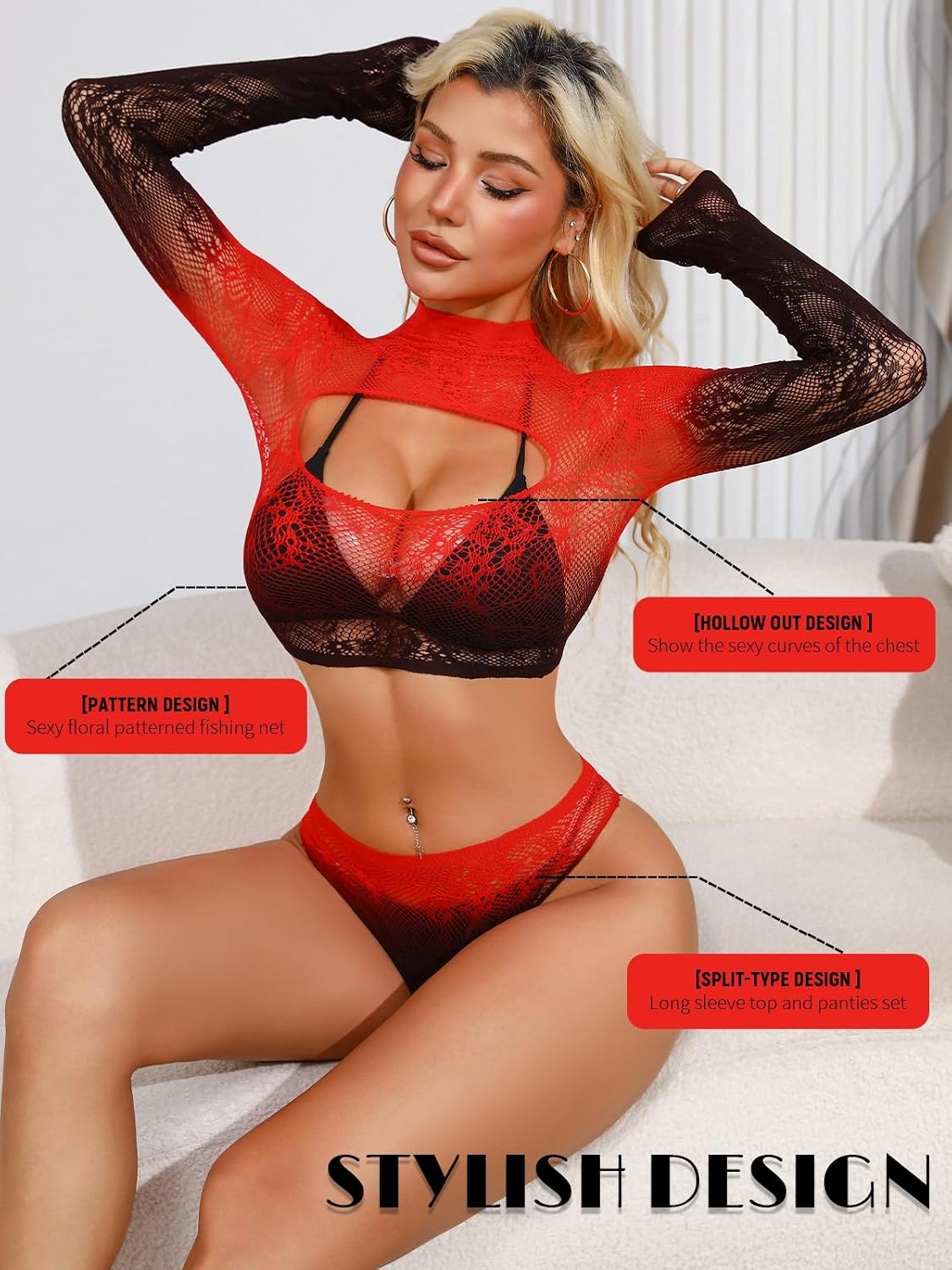 image:imageBuitifo Womens Lingerie Set Fishnet BabyDoll Bodysuit Sexy NightwearRedblack
