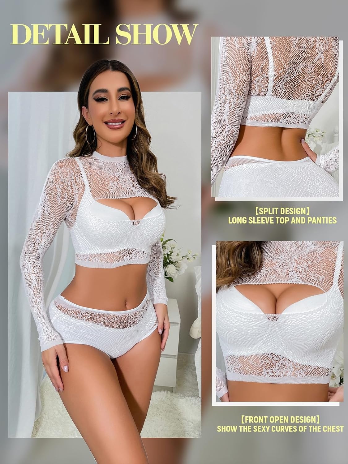 image:imageBuitifo Womens Lingerie Set Fishnet BabyDoll Bodysuit Sexy NightwearWhite T9