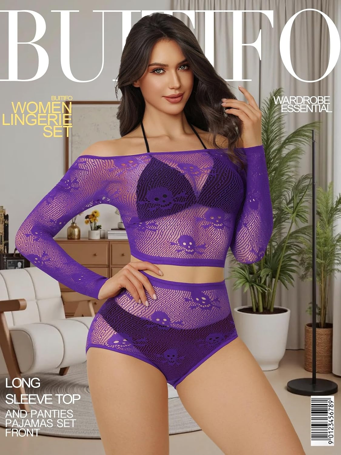 image:imageBuitifo Womens Lingerie Set Fishnet Babydoll Bodysuit Sexy Nightwear Skull Halloween CostumePurple