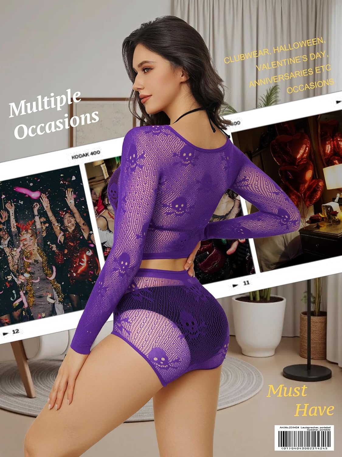 image:imageBuitifo Womens Lingerie Set Fishnet Babydoll Bodysuit Sexy Nightwear Skull Halloween CostumePurple