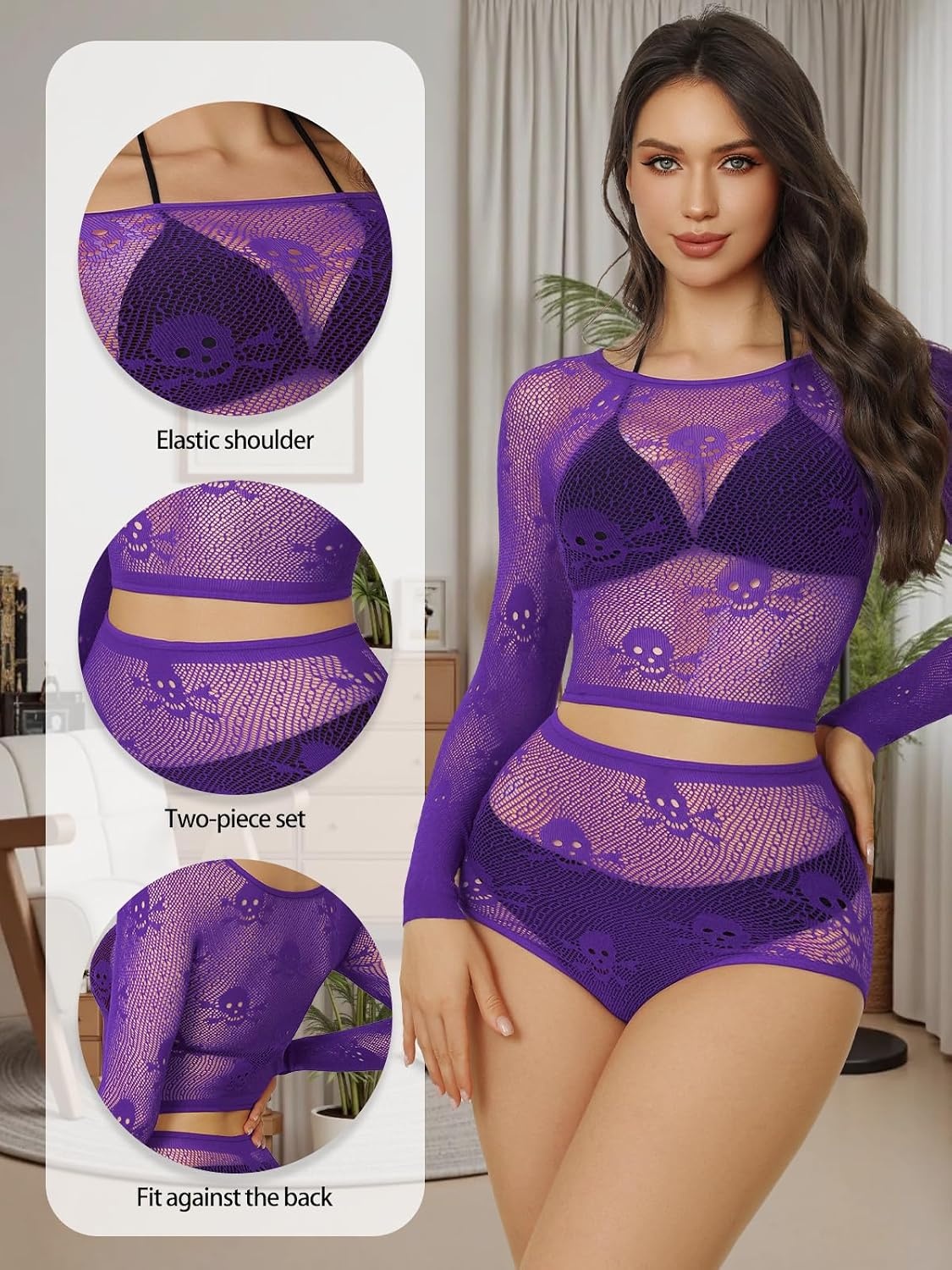 image:imageBuitifo Womens Lingerie Set Fishnet Babydoll Bodysuit Sexy Nightwear Skull Halloween CostumePurple