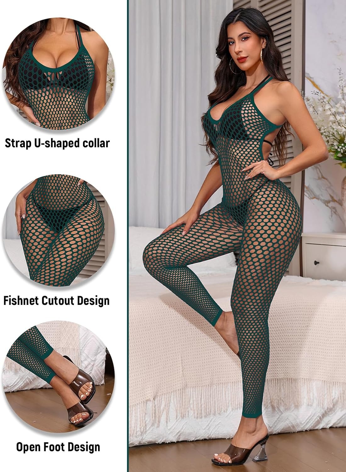 image:imageBuitifo Womens Sexy Bodysuit Fishnet Tights Bodycon Jumpsuit LingerieDarkgreen
