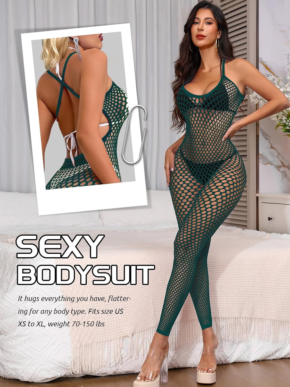 image:imageBuitifo Womens Sexy Bodysuit Fishnet Tights Bodycon Jumpsuit LingerieDarkgreen