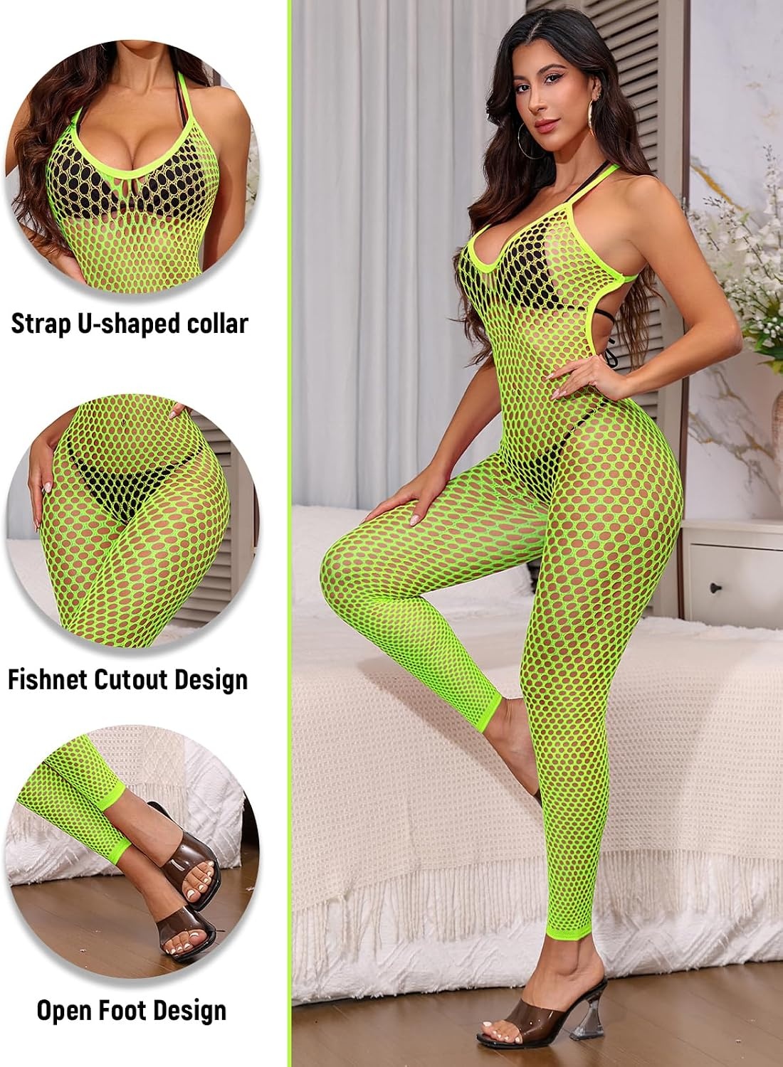 image:imageBuitifo Womens Sexy Bodysuit Fishnet Tights Bodycon Jumpsuit LingerieGreen