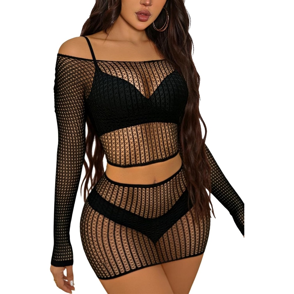 image:imageBuitifo Lingerie for Women Fishnet Babydoll Chemise Sexy Nightwear Teddy DressBlack