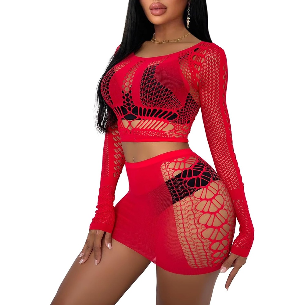 image:imageBuitifo Sexy Lingerie for Women Fishnet Babydoll Nightwear Exotic Top and Mini Skirt SetRed