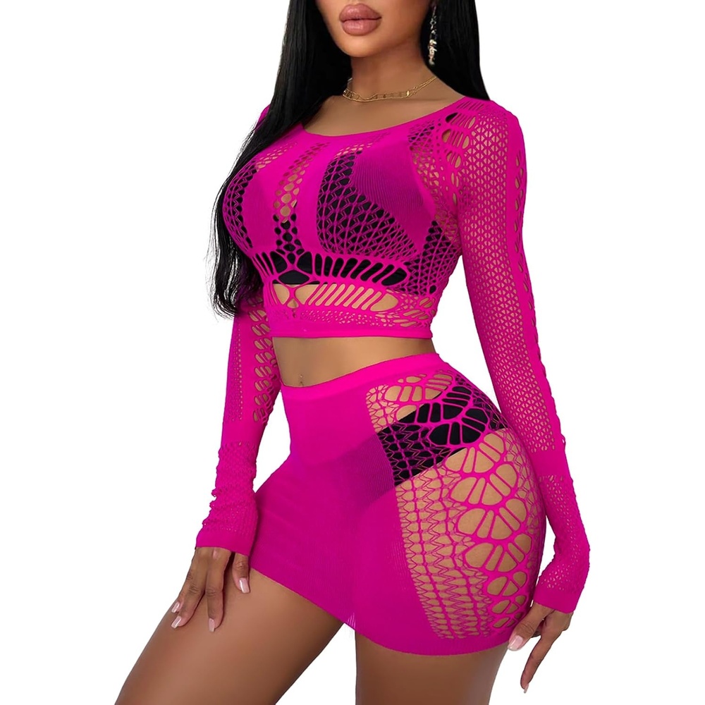 image:imageBuitifo Sexy Lingerie for Women Fishnet Babydoll Nightwear Exotic Top and Mini Skirt SetRose Red