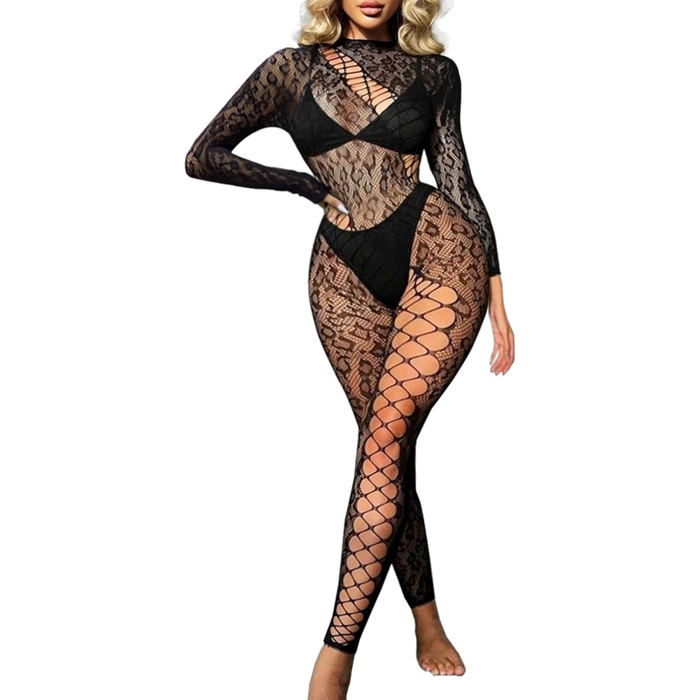 image:imageBuitifo Woman Lingerie Bodysuit Fishnet Stocking Leopard Full Body JumpsuitBlack T5