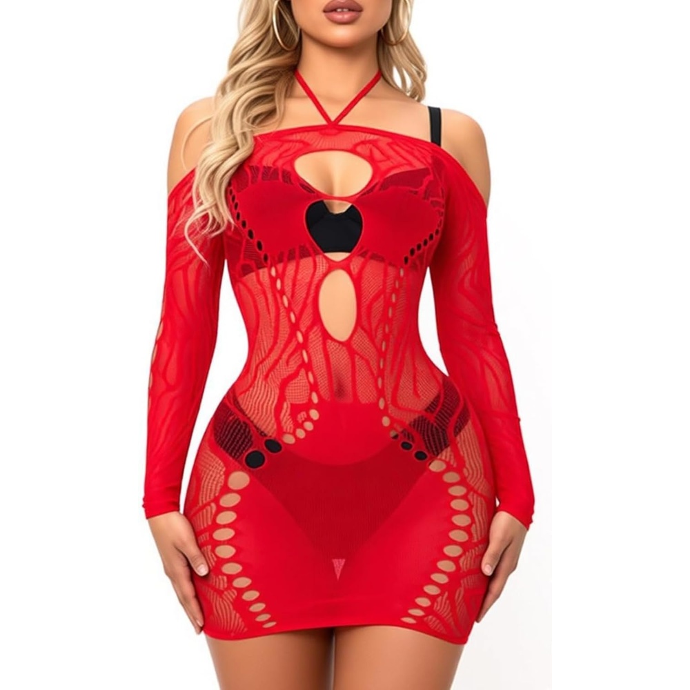 image:imageBuitifo Women Sexy Lingerie Dress Halter Bodycon Midi Dresses Mesh NightwearRed