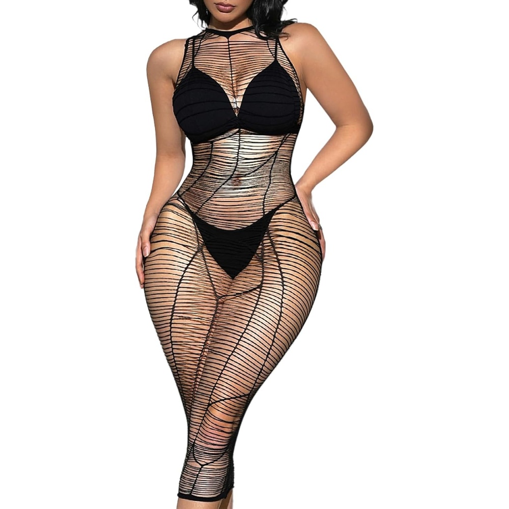 image:imageBuitifo Women Swimming Cover Up Summer Mini Sexy Dress Nightwear  Beach Tank Dresses Hollow Out Bikini Covers Mesh Lingerie One SizeBlackt10
