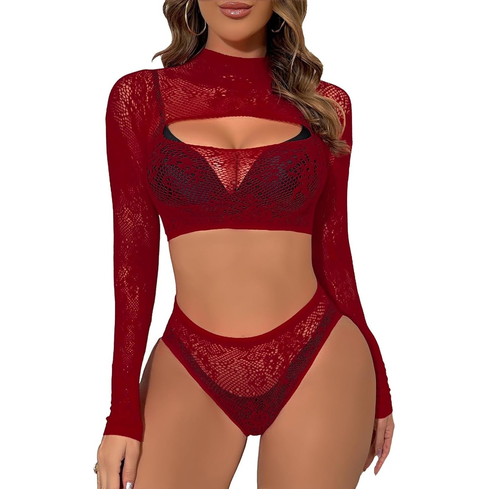 image:imageBuitifo Womens Lingerie Set Fishnet BabyDoll Bodysuit Sexy NightwearDarkred