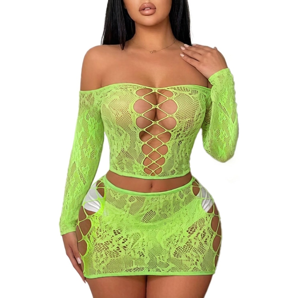 image:imageBuitifo Womens Lingerie Set Fishnet BabyDoll Bodysuit Sexy NightwearGreen
