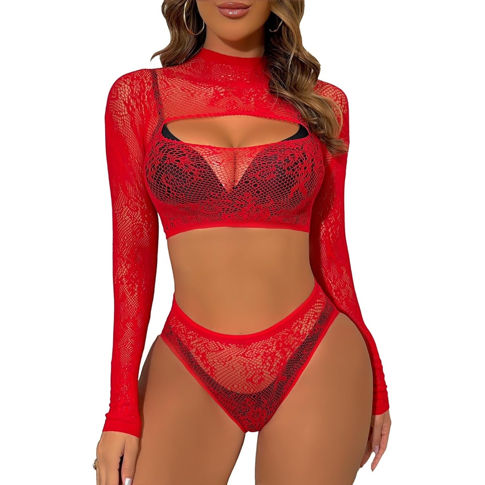 image:imageBuitifo Womens Lingerie Set Fishnet BabyDoll Bodysuit Sexy NightwearRed T9