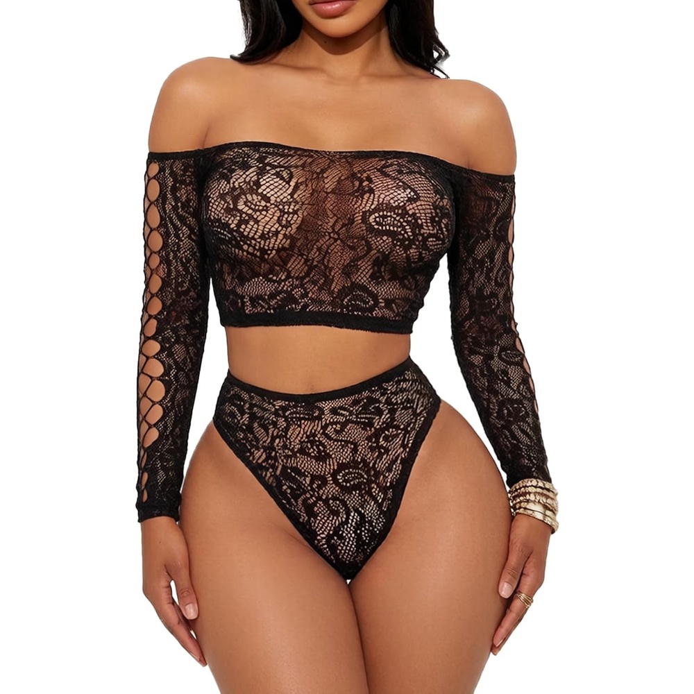 image:imageBuitifo Womens Lingerie Set Fishnet BabyDoll Bodysuit Two Piece NightwearBlack