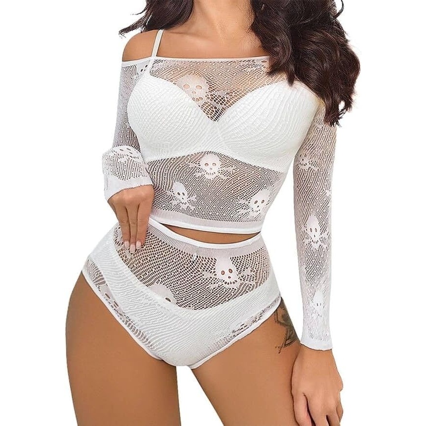 image:imageBuitifo Womens Lingerie Set Fishnet Babydoll Bodysuit Sexy Nightwear Skull Halloween CostumeWhite