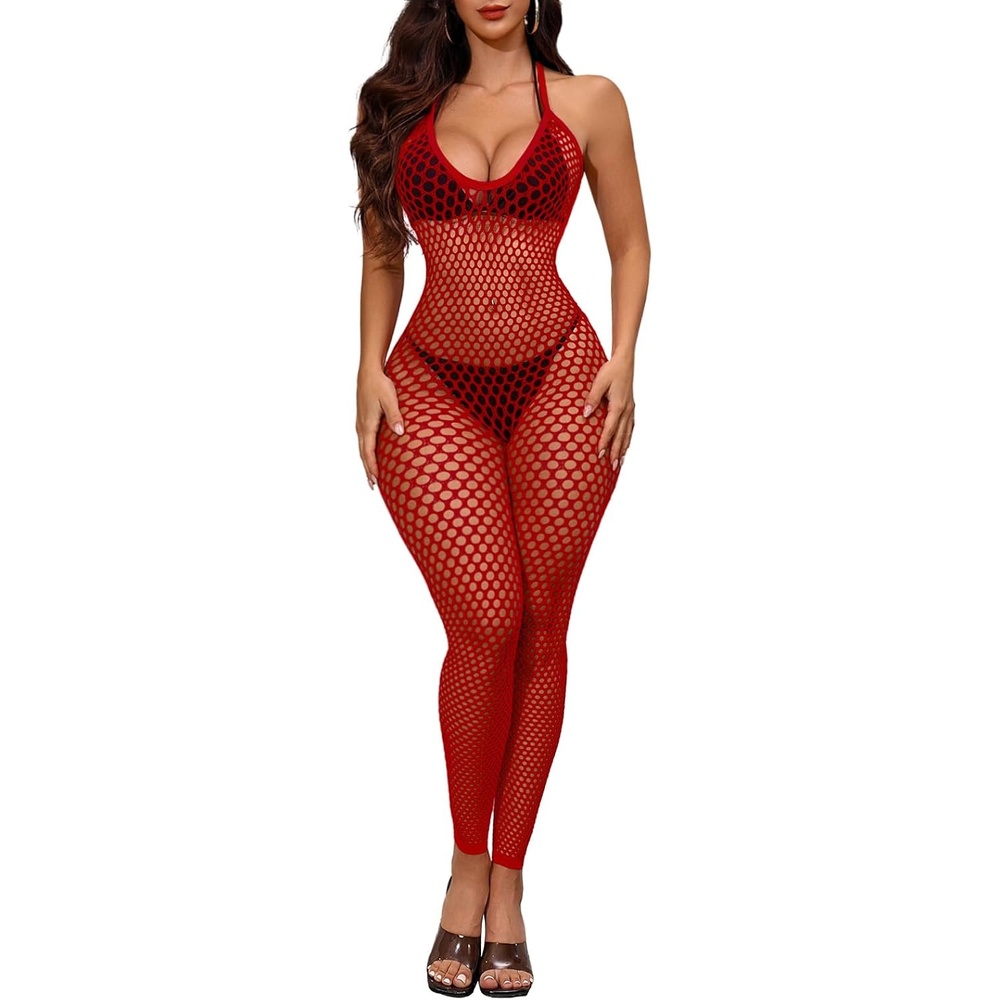image:imageBuitifo Womens Sexy Bodysuit Fishnet Tights Bodycon Jumpsuit LingerieDarkred