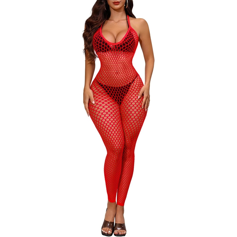 image:imageBuitifo Womens Sexy Bodysuit Fishnet Tights Bodycon Jumpsuit LingerieRed