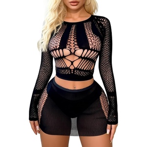 Buitifo Sexy Lingerie for Women Fishnet Babydoll Nightwear Exotic Top and Mini Skirt Set(Black)