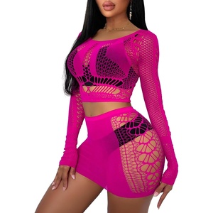 Buitifo Sexy Lingerie for Women Fishnet Babydoll Nightwear Exotic Top and Mini Skirt Set(Rose Red)
