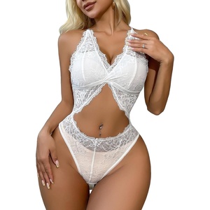 Buitifo Woman Cut Out Lingerie Bodysuit Sheer Lace Tank Top | Sexy Nightwear Deep V Floral Camisole Rave Outfits(White)