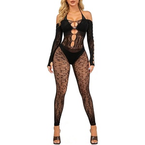 Buitifo Woman Lingerie Bodysuit Fishnet Stocking Leopard Full Body Jumpsuit(Black T1)