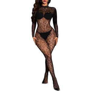 Buitifo Woman Lingerie Bodysuit Fishnet Stocking Leopard Full Body Jumpsuit(Black T2)