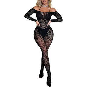Buitifo Woman Lingerie Bodysuit Fishnet Stocking Leopard Full Body Jumpsuit(Black T4)