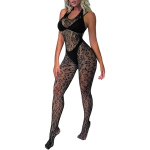 Buitifo Woman Lingerie Bodysuit Fishnet Stocking Leopard Full Body Jumpsuit(Black T6)