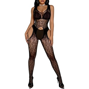 Buitifo Woman Lingerie Bodysuit Fishnet Stocking Leopard Full Body Jumpsuit(Black T7)