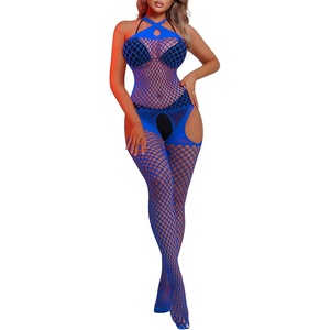 Buitifo Woman Sexy Lingerie Nightwear Halter Body Stocking One Piece Fishnet Mini Top and Tights(Blue)