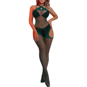 Buitifo Woman Sexy Lingerie Nightwear Halter Body Stocking One Piece Fishnet Mini Top and Tights(Darkgreen)