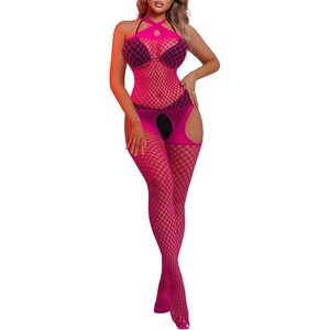 Buitifo Woman Sexy Lingerie Nightwear Halter Body Stocking One Piece Fishnet Mini Top and Tights(Rosered)