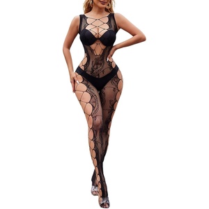 Buitifo Women Lingerie One Piece Mesh Bodysuit Sexy Tights | One Size Nylon Nightwear Fishnet Body Stocking Floral Jumpsuit(Black B)