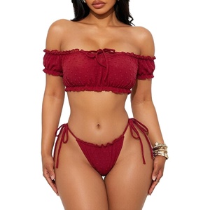 Buitifo Women Lingerie Set Lace Babydoll Self Tie Sexy Bra and Panty Pajamas Set(Red)