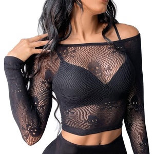 Buitifo Women Sexy Crop Top Fishnet Lingerie Skull Cosplay Tee Shirt Blouse Exotic Beach Cover Up(Black)