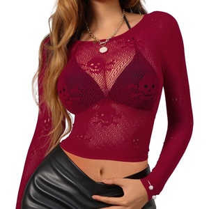 Buitifo Women Sexy Crop Top Fishnet Lingerie Skull Cosplay Tee Shirt Blouse Exotic Beach Cover Up(Darkred)
