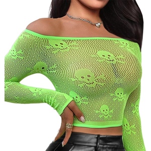 Buitifo Women Sexy Crop Top Fishnet Lingerie Skull Cosplay Tee Shirt Blouse Exotic Beach Cover Up(Green)