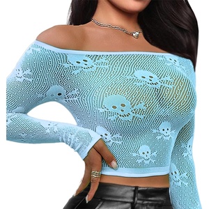 Buitifo Women Sexy Crop Top Fishnet Lingerie Skull Cosplay Tee Shirt Blouse Exotic Beach Cover Up(Lightblue)