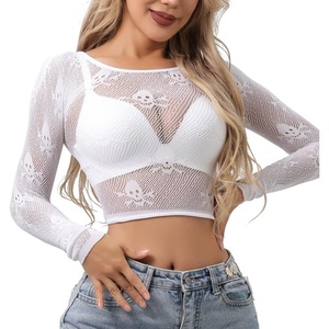 Buitifo Women Sexy Crop Top Fishnet Lingerie Skull Cosplay Tee Shirt Blouse Exotic Beach Cover Up(White)