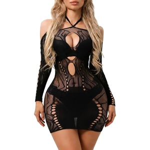 Buitifo Women Sexy Lingerie Dress Halter Bodycon Midi Dresses Mesh Nightwear(Black)