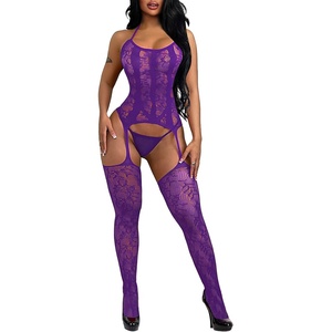 Buitifo Womens Fishnet Bodystocking Plus Size Bodysuit Sexy Tights Soft Nightwear Lingerie(Purple Gb)