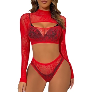 Buitifo Womens Lingerie Set Fishnet BabyDoll Bodysuit Sexy Nightwear(Red T9)