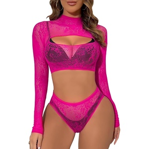 Buitifo Womens Lingerie Set Fishnet BabyDoll Bodysuit Sexy Nightwear(Rosered T9)