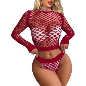 Buitifo Womens Lingerie Set Fishnet BabyDoll Bodysuit Two Piece Nightwear(Dark Red)
