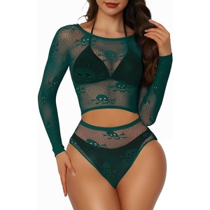 Buitifo Womens Lingerie Set Fishnet Babydoll Bodysuit Sexy Nightwear Skull Halloween Costume(Darkgreen)