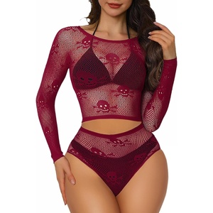 Buitifo Womens Lingerie Set Fishnet Babydoll Bodysuit Sexy Nightwear Skull Halloween Costume(Darkred)