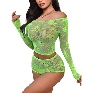 Buitifo Womens Lingerie Set Fishnet Babydoll Bodysuit Sexy Nightwear Skull Halloween Costume(Green)